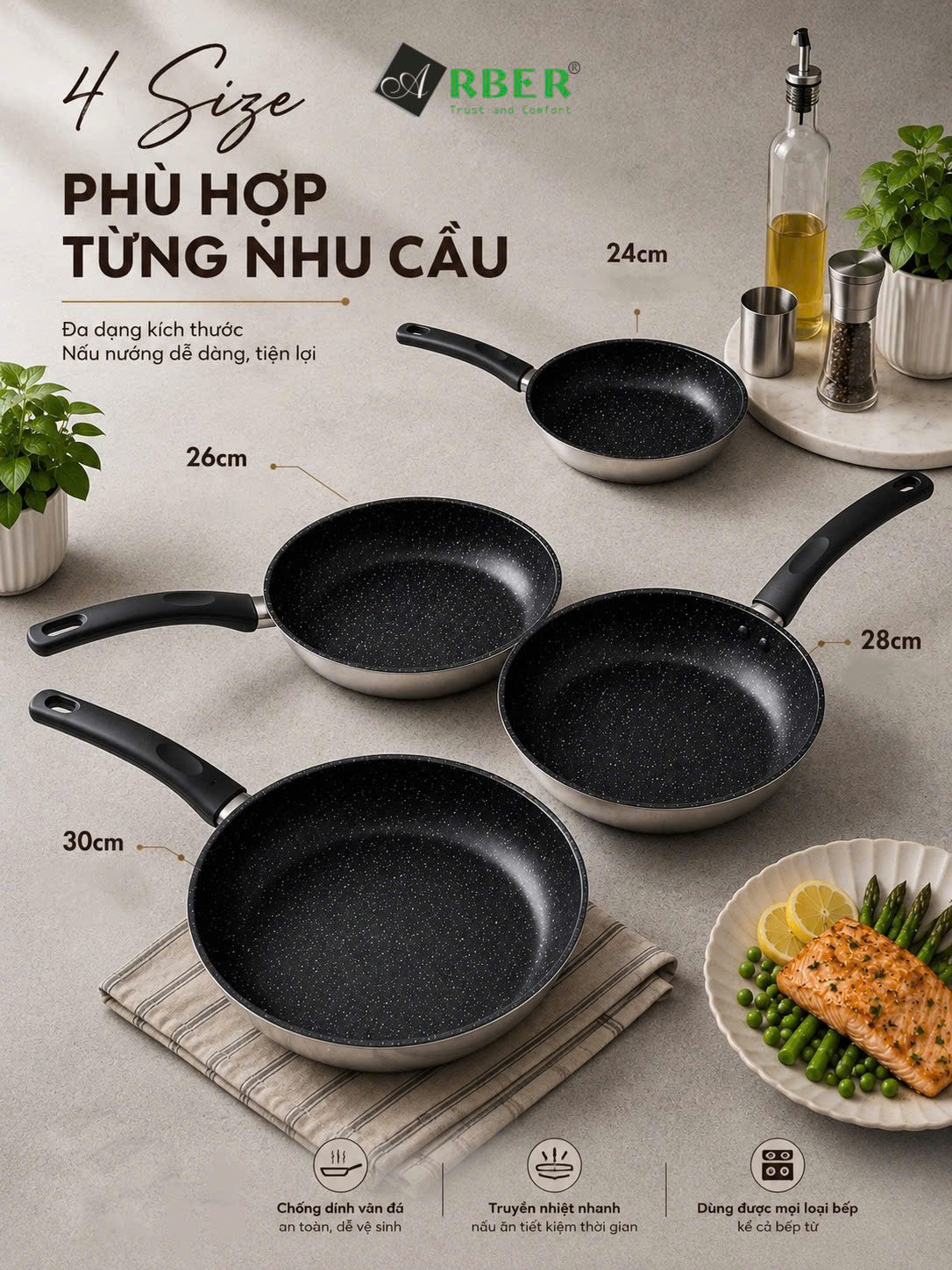 Chảo inox 3đáy chống dính vân đá lòng sâu AC-28CD