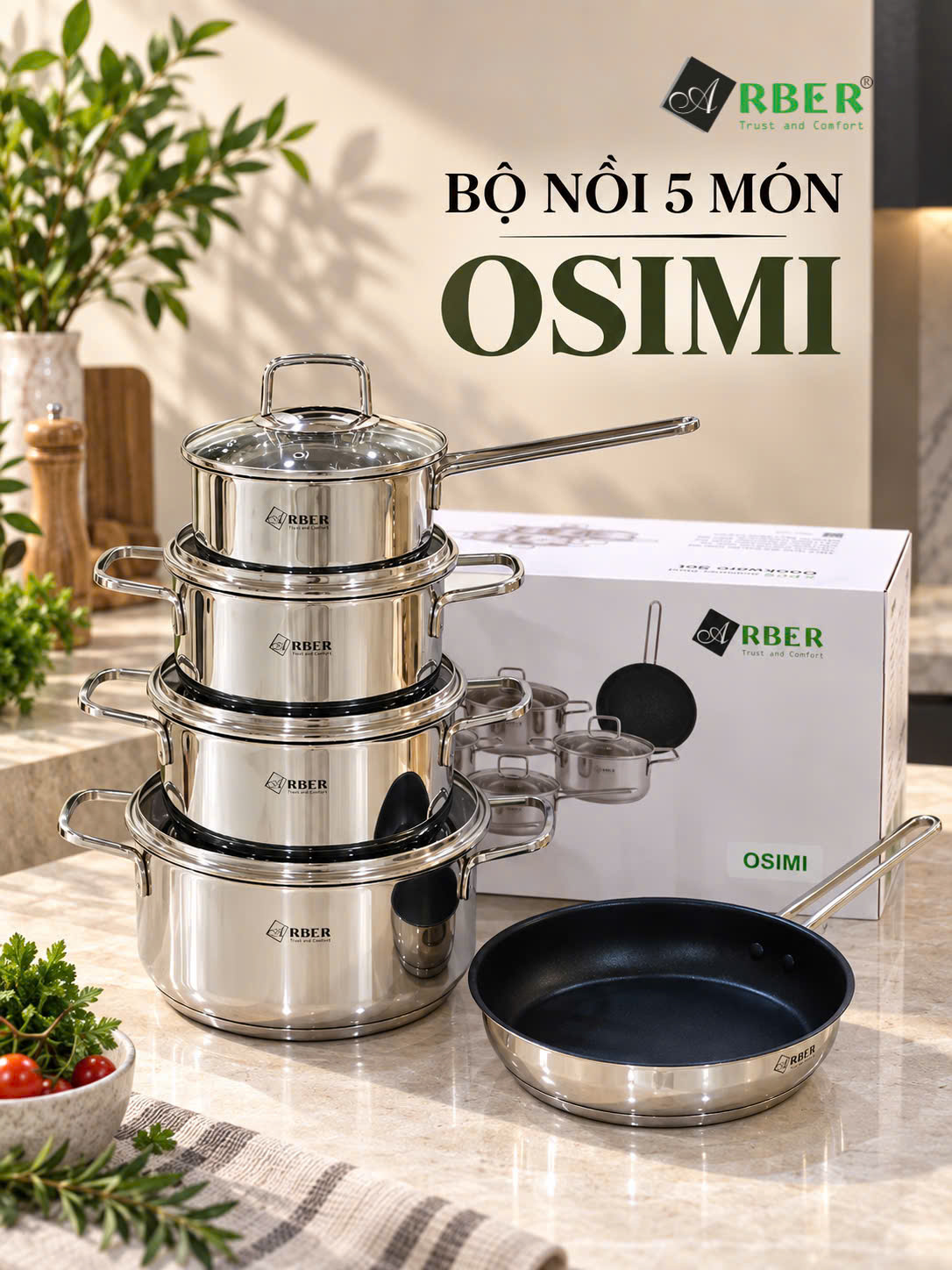 Bộ nồi inox 3 đáy 5 món Arber OSIMI