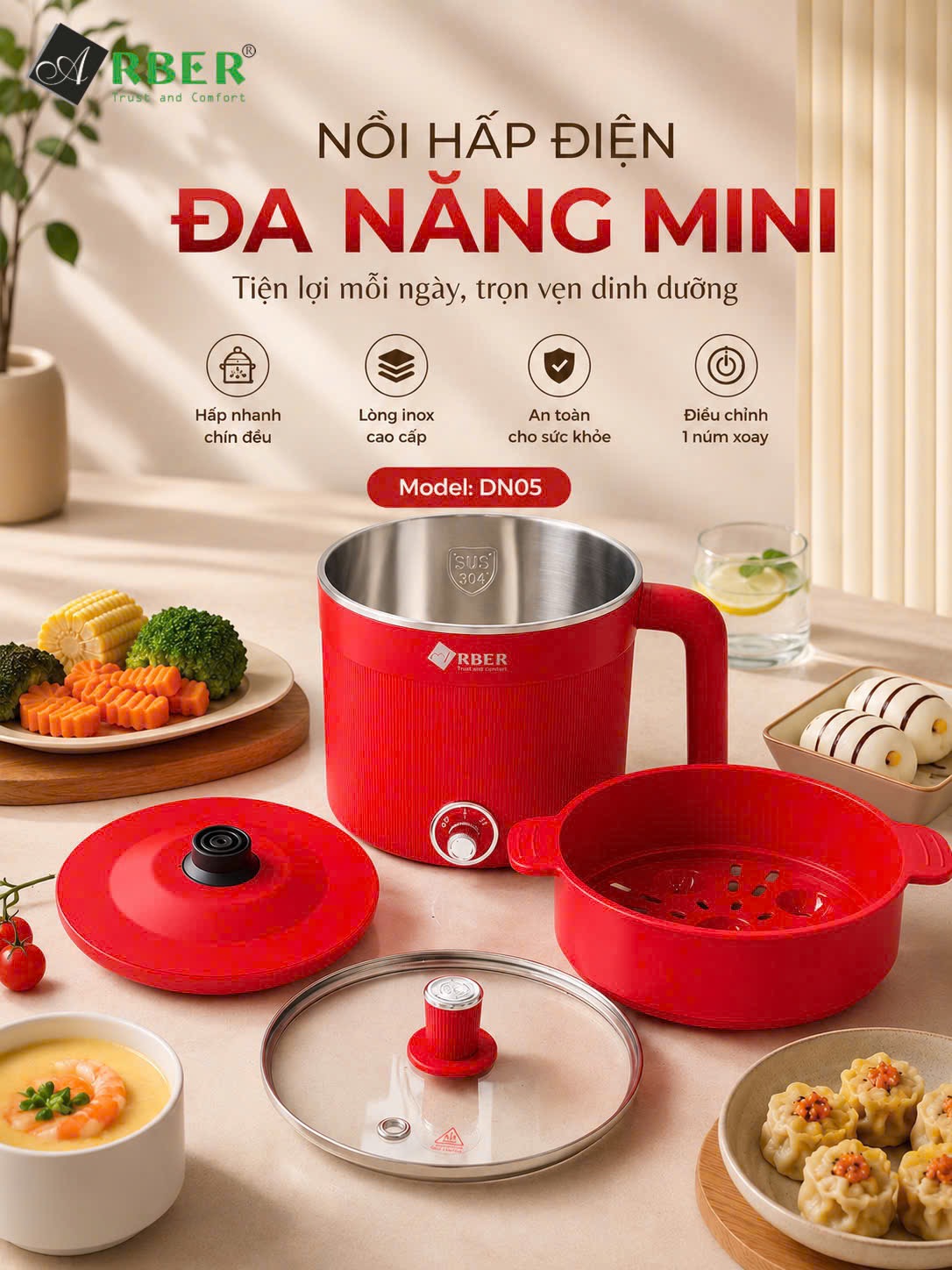 Nồi lẩu mini kèm xưng hấp Arber DN05 màu đỏ
