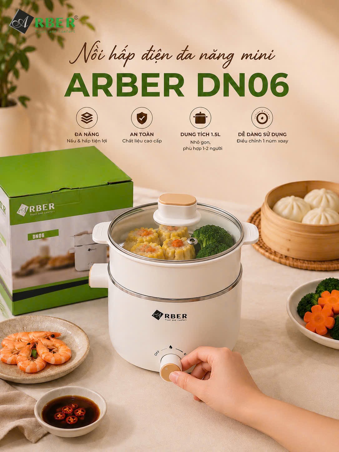 Nồi lẩu mini kèm xưng hấp Arber DN06 màu trắng