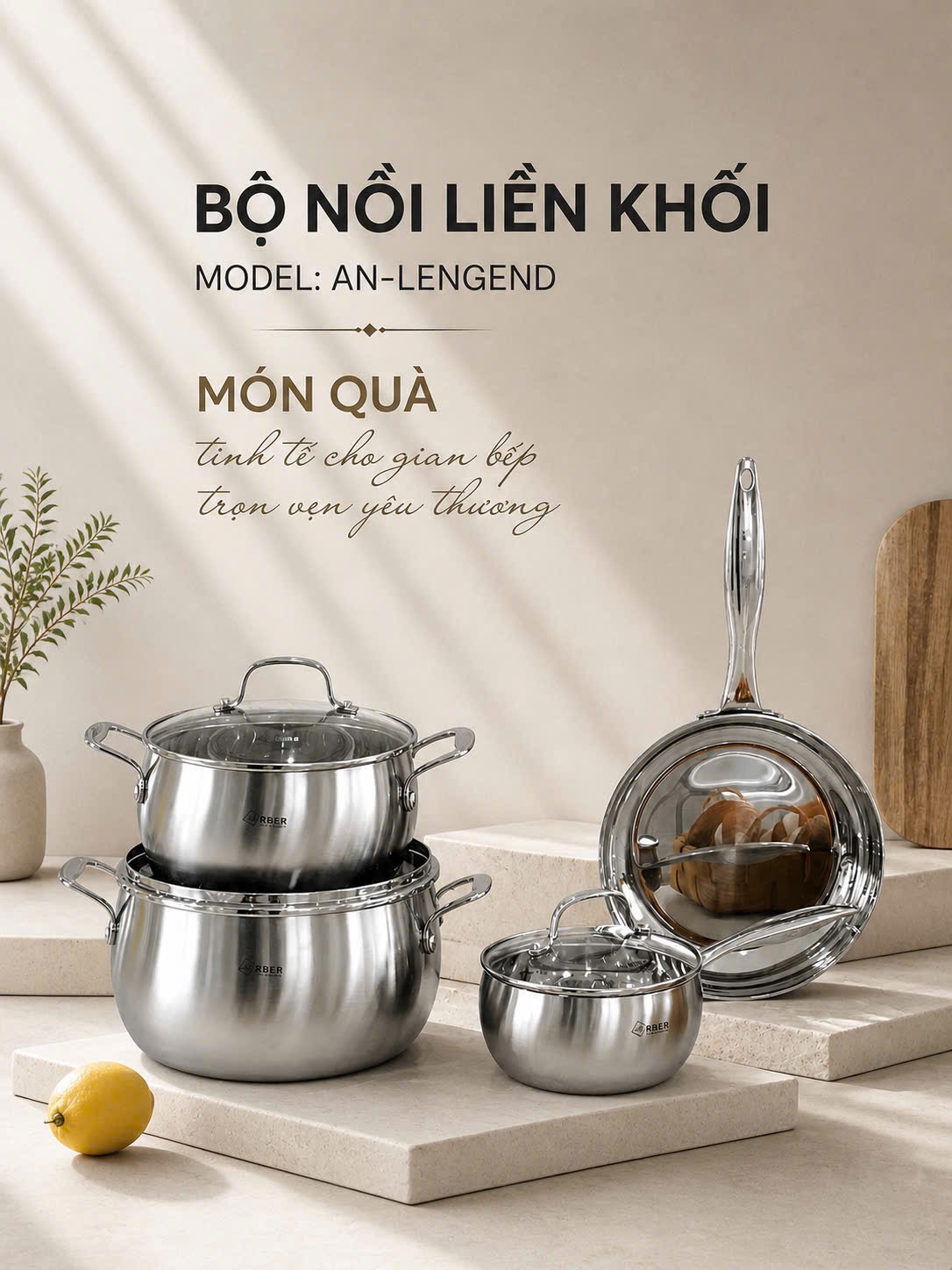 Bộ nồi inox đáy liền Arber AN-legend