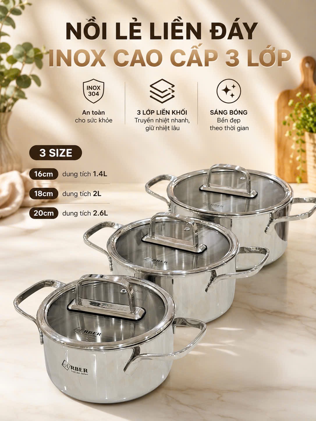 Nồi đơn inox 304 liền đáy Arber AN-18C1